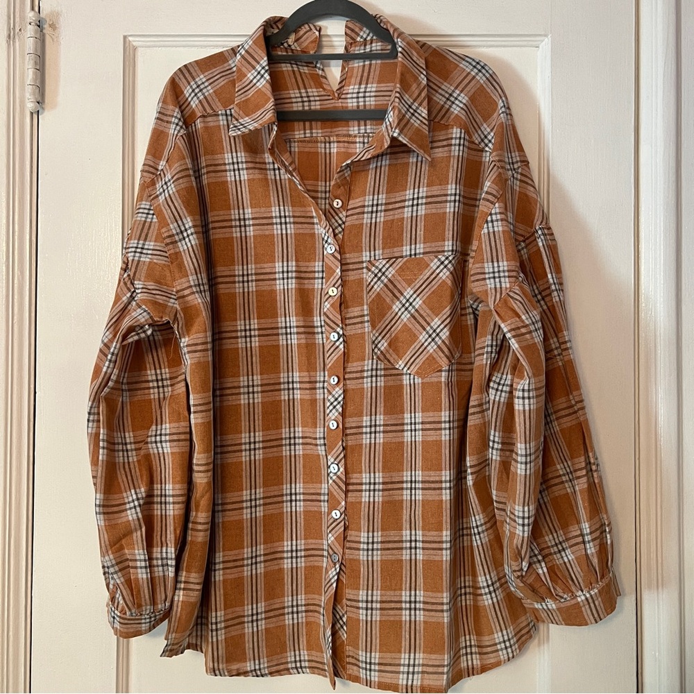 POL Orange Plaid Button Up Shirt Oversized L - Picture 4 of 16